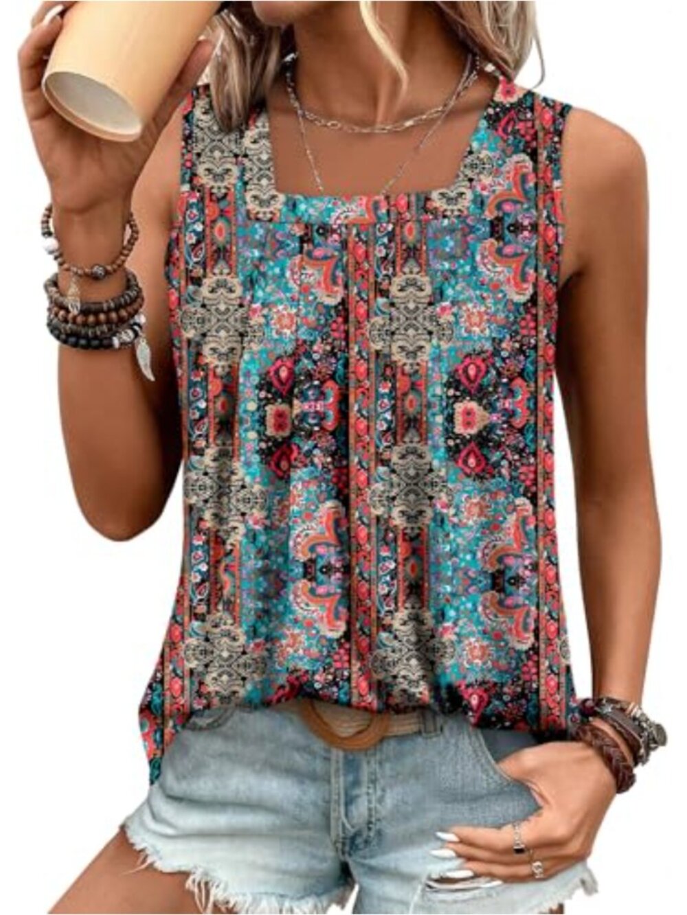 Sleeveless Pleated Front Tunic Top Stretch Summer Blouse